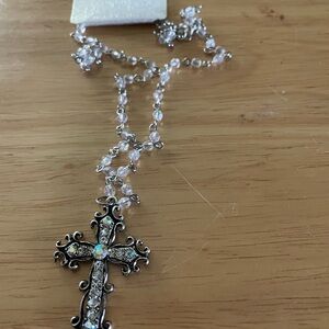 Silver Necklace with Clear Beads and Ornate Cross